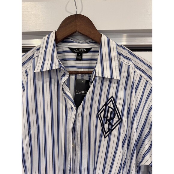 NWT Ralph Lauren Womens 8 White Stripe Tie Button Up Shirttail Broadcloth Dress - Picture 2 of 10
